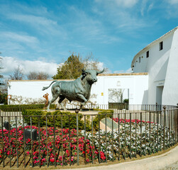 Ronda, Andalusia, Spain - Sculpture of a bull outside the bullring