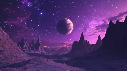  Purple space landscape with planet and stars in the sky above rocky mountain peaks in the distance © Honey