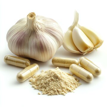 Garlic with garlic powder capsule background Fresh garlic cloves, powder, and capsules arranged beautifully. A natural remedy known for its health benefits and unique flavor.