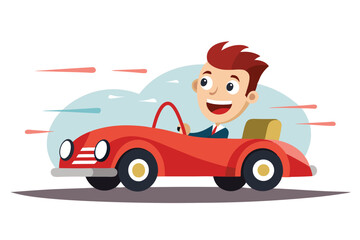 Cheerful Cartoon Man Driving a Red Car on White Background