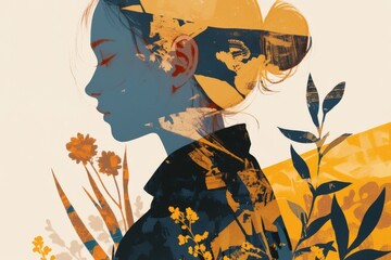 Dreamy silhouette, a woman's peaceful profile, blended colors & floral accents