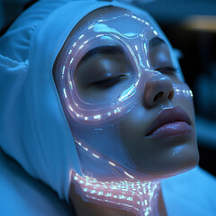 A cutting-edge cybernetic enhancement being applied to a human in a futuristic clinic