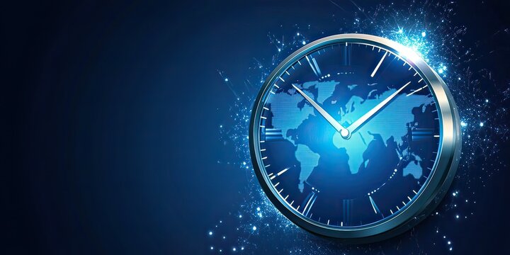 Global Timekeeping Concept: World Map Integrated into a Modern Style Clock Face