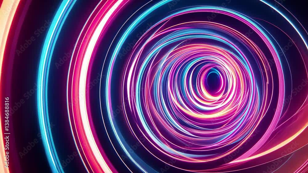 Poster neon light trails create mesmerizing circular patterns in dynamic colors, abstract neon light trails