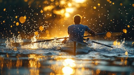 Obraz premium Golden Hour Rowing: A lone rower glides across a tranquil lake, the setting sun casting a warm glow on the water, creating a serene and peaceful atmosphere.