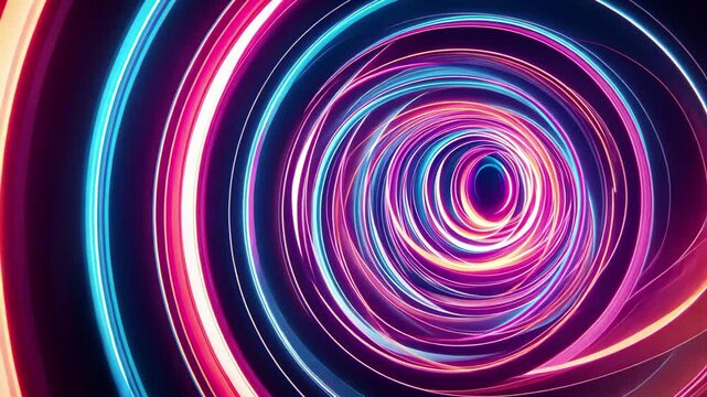 Neon light trails create mesmerizing circular patterns in dynamic colors, Abstract neon light trails forming circular patterns on dark background