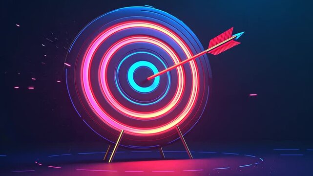 Dynamic arrow hitting bullseye target in neon light for business and marketing goals concept