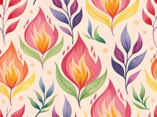 Vibrant Watercolor Floral Pattern with Flame-Like Flowers