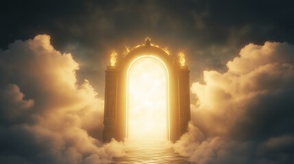 Fototapeta premium Radiating light from within soft, swirling clouds, the ethereal gateway rises majestically, a luminous beacon of hope and transcendence in a dreamlike sky.