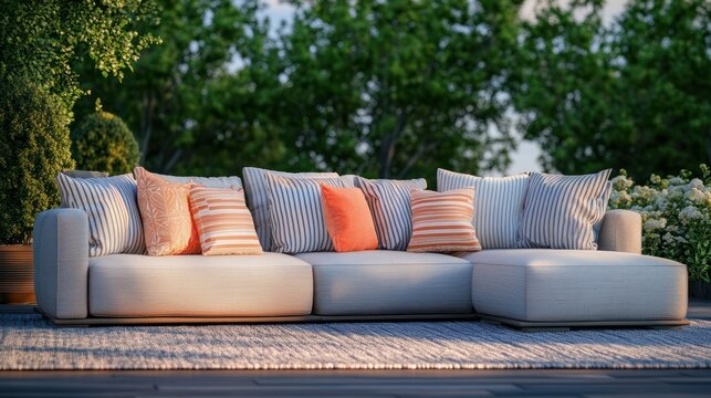 A chic outdoor lounge area featuring a sectional sofa with a mix of striped and solid-colored throw pillows in summery tones