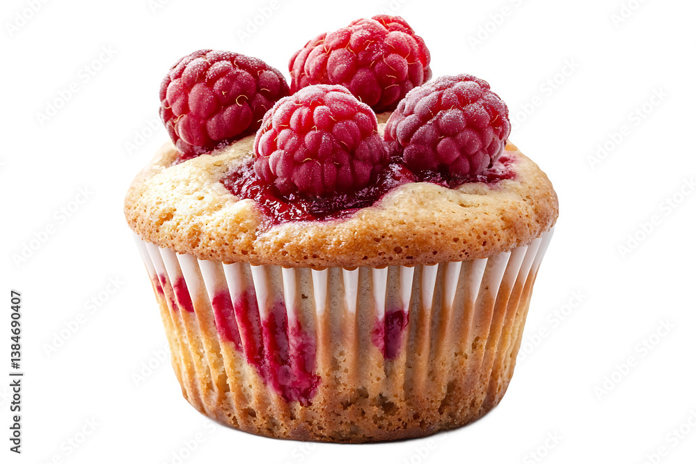 Poster a close up of a raspberry muffin in a white paper cup with raspberries on top on a black background