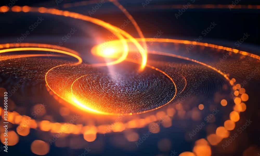 Poster abstract particle flowing with orange light streaks in a swirling motion background