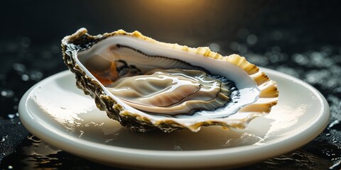 Closeup of Raw Oyster Served on White Plate with Space for Text.