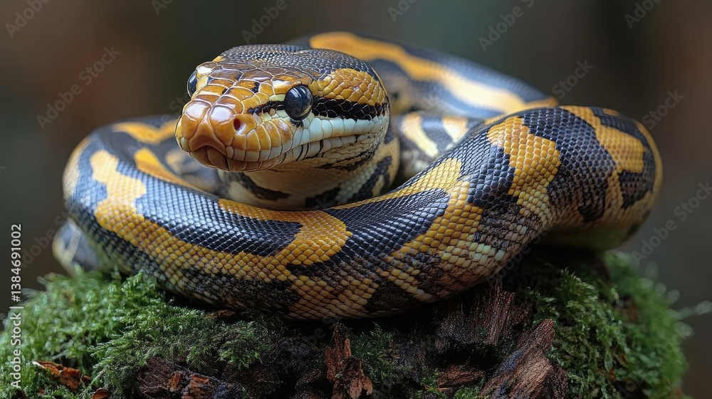 Poster close-up of a vibrant, coiled snake resting on a mossy log in a lush forest setting