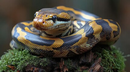 Obraz premium Close-up of a vibrant, coiled snake resting on a mossy log in a lush forest setting