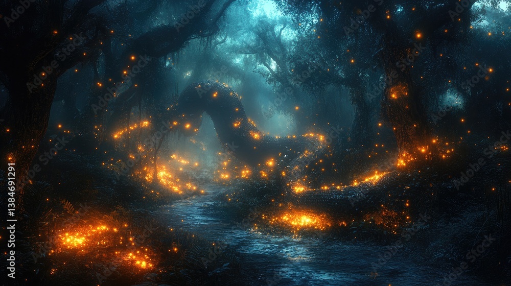 Poster enchanted forest at twilight with glowing orbs illuminating a winding path through trees