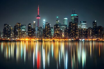 City skyline at night reflected in water with bright lights and tall buildings.