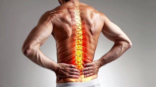 Anatomical illustration of a human spine with highlighted lumbar region, showcasing back pain relief