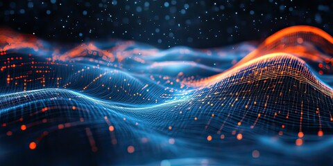 Abstract visualization of digital network landscape with glowing particles