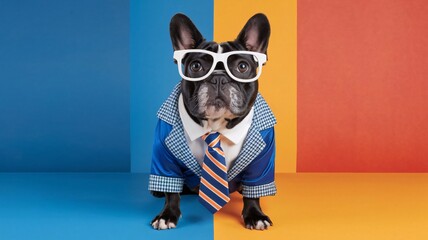 Stylish French Bulldog in a Blue Suit and Glasses, Ready for Business