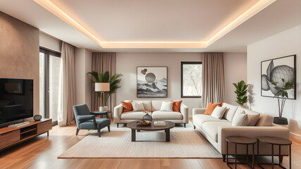 Fototapeta premium Modern earth tones inside a modern living room with comfortable furniture.