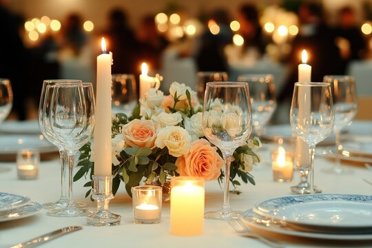 elegant gala dinner table setting adorned with fine china crystal glassware and fresh floral centerpiece in foreground