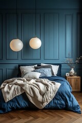 Cozy Blue Bedroom Interior with Bed, Pillows, Blanket, Wood Floor and Nightstand