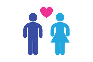 Loving Couple Pictogram Illustration, Pink Heart, Blue Woman and Man on White