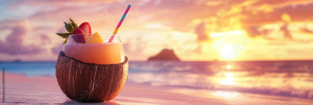 Poster refreshing summer cocktail served in a coconut shell with colorful straw and fruit garnish at a suns