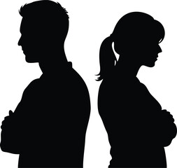 Man and Woman BacktoBack Silhouette with Arms Crossed on White Background