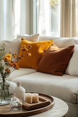 Cozy Couch with Mustard and Brown Pillows, Vase with Flowers, Candles on Tray Interior