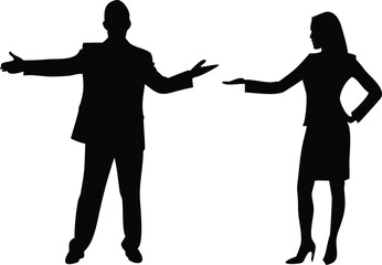 Fototapeta premium Man Offers, Woman Points Silhouette with Transparent Background; Business Gesture