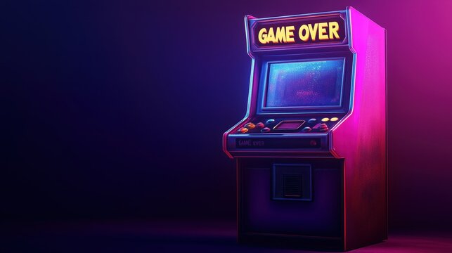 The retro arcade machine glows with neon accents, its bold GAME OVER message shining on the screen against a moody purple backdrop, evoking nostalgia and classic gameplay vibes.
- Powered by Adobe