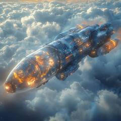 A futuristic airship soaring through a cloudy sky, powered by advanced technology and glowing engines