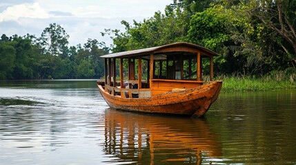 Fototapeta premium A rustic wooden boat floats on a serene green river