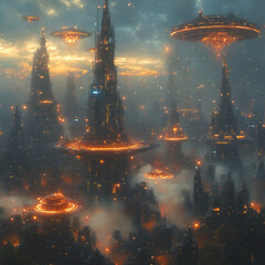 A digital futuristic city with interconnected floating platforms and glowing data streams in the sky
