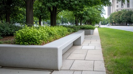 City park bench, green landscaping, urban street