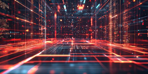 Abstract digital space with glowing lines and data particles creating a virtual environment