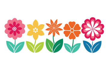 Row of Colorful Flowers on White Background in Retro Style Design