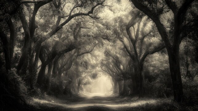 Misty forest path, ethereal, shadowy, nature's beauty, serene, tranquil scene, outdoor, perfect for wallpapers, atmospheric