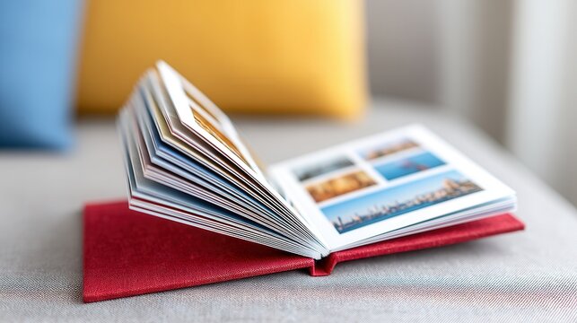 A colorful photo album is open, displaying various images, with a cozy background featuring soft pillows.