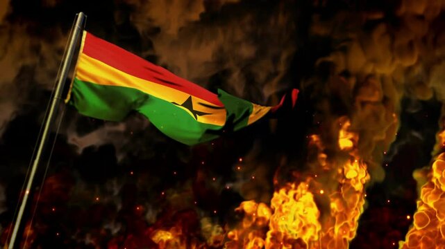 waving Ghana flag on burning fire bg - catastrophe concept