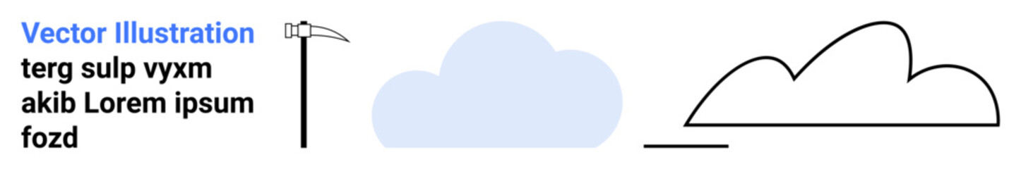 Two stylized clouds in solid blue and outline style, minimalist scythe shape, and placeholder text. Ideal for weather, simplicity, technology, presentation, education, design simple landing page
