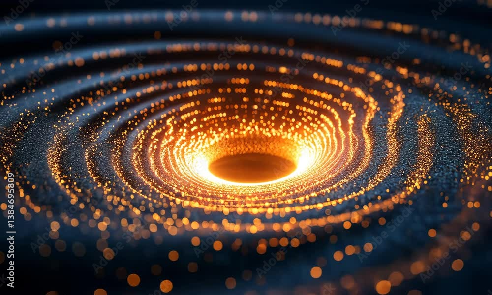 Poster abstract depiction of a radiant vortex with shimmering particles, radiating light