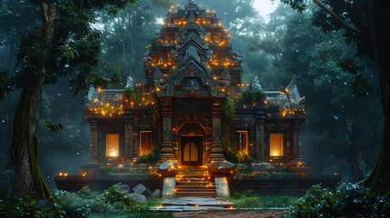 Fototapeta premium Enchanting Ancient Temple Ruins Illuminated by Firefly Lights in Lush Jungle