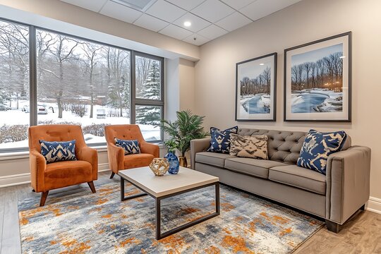 In a refined waiting area, a goal-oriented professional rests a hand on the back of a sleek chair, reflecting approachability balanced with intent. The strong contrast accentuates the crisp 