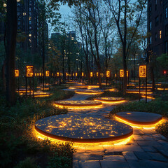 A futuristic city park with interactive holograms, smart benches, and digital gardens