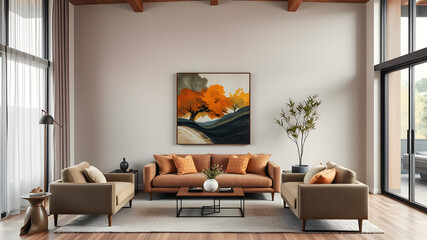 Modern earth tones inside a modern living room with comfortable furniture.