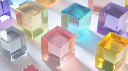 Obraz premium A graceful arrangement of transparent cubes captures and bends light into soft, prismatic hues, creating a modern spectacle of minimalist elegance.