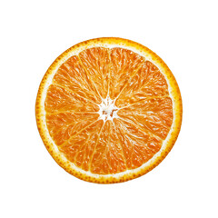 Close-up of a perfect cross-section of bright orange fruit showing detailed pulp segments and...